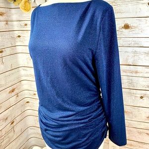 Soft Surroundings Navy Blue Knit Tunic Top Size Petite M Ruched Sides Metallic